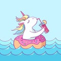 Cute unicorn on donut swimming ring. Summer time. Magic unicorn drinking a cocktail, swims in the sea . Cartoon flat