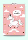 Cute unicorn doodle. Happy birthday card. A4 size. Magic unicorn. Vector.