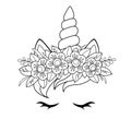 Cute unicorn face with flowers wreath. Black and white vector illustration for coloring book