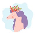 Cute unicorn face. Funny character with flowers decoration. Cartoon illustration for children`s fashion fabrics, textile graphics Royalty Free Stock Photo