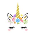 Cute unicorn face with gold horn and flowers isolated on white background. Vector cartoon character illustration.