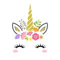 Cute unicorn face with gold horn and flowers isolated on white background. Vector cartoon character illustration. Royalty Free Stock Photo