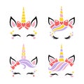 Cute unicorn face vector. Set for Valentines Day. Funny faces with heart, hair bow