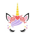 Cute unicorn face vector for Valentines Day. Funny animal with heart Royalty Free Stock Photo