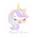 Cute unicorn face watercolor dreamy nursery Art illustration. Magical Unicorn