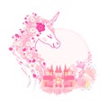Cute unicorn and fairy-tale princess castle frame Royalty Free Stock Photo