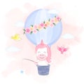 Cute unicorn floating on hot air balloon and birds hand drawn cartoon illustration Royalty Free Stock Photo