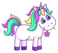 Cute unicorn with flower. Smiling friendly fairytale character Royalty Free Stock Photo