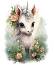 Cute unicorn with flowers and butterflies isolated on a white background Watercolor illustration Royalty Free Stock Photo