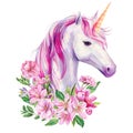 Cute Unicorn with flowers, watercolor animal, floral boho illustration, pink flora