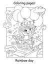 Cute unicorn flying on air balloons coloring book page Royalty Free Stock Photo