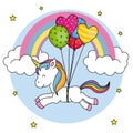 Cute unicorn flying with balloons