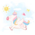 Cute unicorn flying on sky hand drawn animal illustration Royalty Free Stock Photo