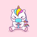 Cute unicorn getting sick drinking tea
