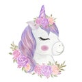 Cute unicorn girl with crown rose illustration watercolor Royalty Free Stock Photo
