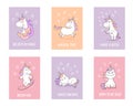 Cute unicorn greeting cards with quotes and magical symbols