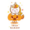 Cute Unicorn Halloween vector with pumpkin cartoon, Pretty Pony horse Trick or treat holiday, festival: Doodle Nursery decor