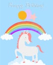 Cute unicorn happy birthday card, white pony