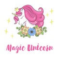 Cute unicorn head in flowers and inscription Magic unicorn. Illustration for children. Royalty Free Stock Photo