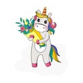 A cute unicorn holds a bouquet of flowers. Vector cartoon illustration