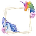 Cute unicorn horse. Fairytale children sweet dream. Rainbow animal horn character. Frame border ornament square.