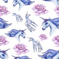 Cute unicorn horse. Fairytale children sweet dream. Rainbow animal horn character. Seamless background pattern.