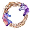 Cute unicorn horse. Fairytale children sweet dream. Watercolor background illustration set. Wreath frame border.
