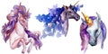 Cute unicorn horse. Fairytale children sweet dream. Watercolor background set. Isolated unicorn illustration element.