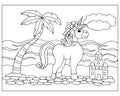 Cute unicorn horse, fantastic castle and palm tree, sketch. Illustration for children\'s coloring book, coloring page