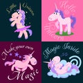 Cute unicorn isolated set, magic pegasus flying with wing and horn on rainbow, fantasy horse vector illustration, myth Royalty Free Stock Photo