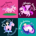 Cute unicorn isolated set, magic pegasus flying with wing and horn on rainbow, fantasy horse vector illustration, myth Royalty Free Stock Photo