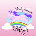 Cute unicorn isolated set, magic pegasus flying with wing and horn on rainbow, fantasy horse vector illustration, myth Royalty Free Stock Photo