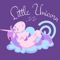 Cute unicorn isolated set, magic pegasus flying with wing and horn on rainbow, fantasy horse vector illustration, myth Royalty Free Stock Photo