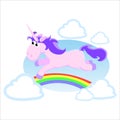 Cute unicorn isolated set, magic pegasus flying with wing and horn on rainbow, fantasy horse vector illustration, myth Royalty Free Stock Photo