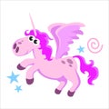 Cute unicorn isolated set, magic pegasus flying with wing and horn on rainbow, fantasy horse vector illustration, myth Royalty Free Stock Photo