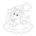 A cute unicorn jumps out of a cloud with a rainbow. Coloring book page for kids. Cartoon style character. Vector illustration Royalty Free Stock Photo