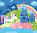 Cute unicorn and landscape with castle and towers. Fairytale country. Cartoon character vector illustration. Scene for Royalty Free Stock Photo