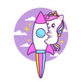 cute unicorn launch with rocket illustration character