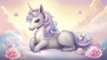 Cute unicorn laying on the soft pastel-colored clouds background, Generative AI