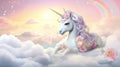 Cute unicorn laying on the soft pastel-colored clouds background, Generative AI