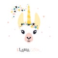 Cute unicorn llama alpaca. Vector illustration