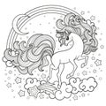 A cute unicorn with a long mane gallops among the stars. Black and white linear drawing. Vector Royalty Free Stock Photo