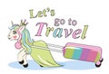 Cute unicorn lugging a suitcase on wheels. Can be used for baby t-shirt print, fashion print design, kids wear
