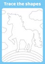 Cute unicorn. Magic fairy horse. Trace and color. Coloring page for kids. Handwriting practice. Education developing worksheet.
