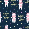 Cute unicorn and magic seamless pattern, vector illustration