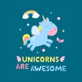 Cute unicorn and magical items vector illustration. Unicorns are awesome card, print