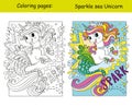 Cute unicorn mermaid coloring and template vector