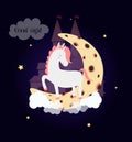 Cute unicorn on moon with dream castle good night Royalty Free Stock Photo