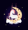 Cute unicorn on moon with dream castle night sky Royalty Free Stock Photo