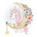 Cute unicorn with moon and stars watercolor illustration Royalty Free Stock Photo